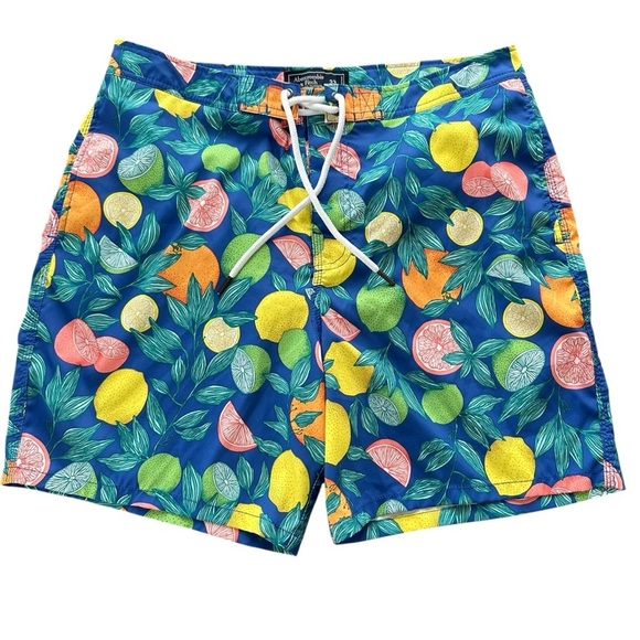 Abercrombie & Fitch Mens 33 Blue Fruit Print Swim Shorts Mesh Lined 7” Summer - Picture 1 of 6